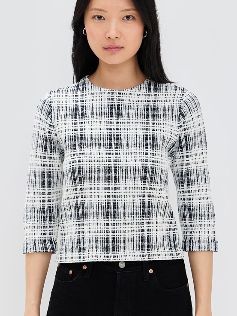 Vince Plaid Textured Knit Top Black White 3/4 Sleeve Medium Fall Transitional